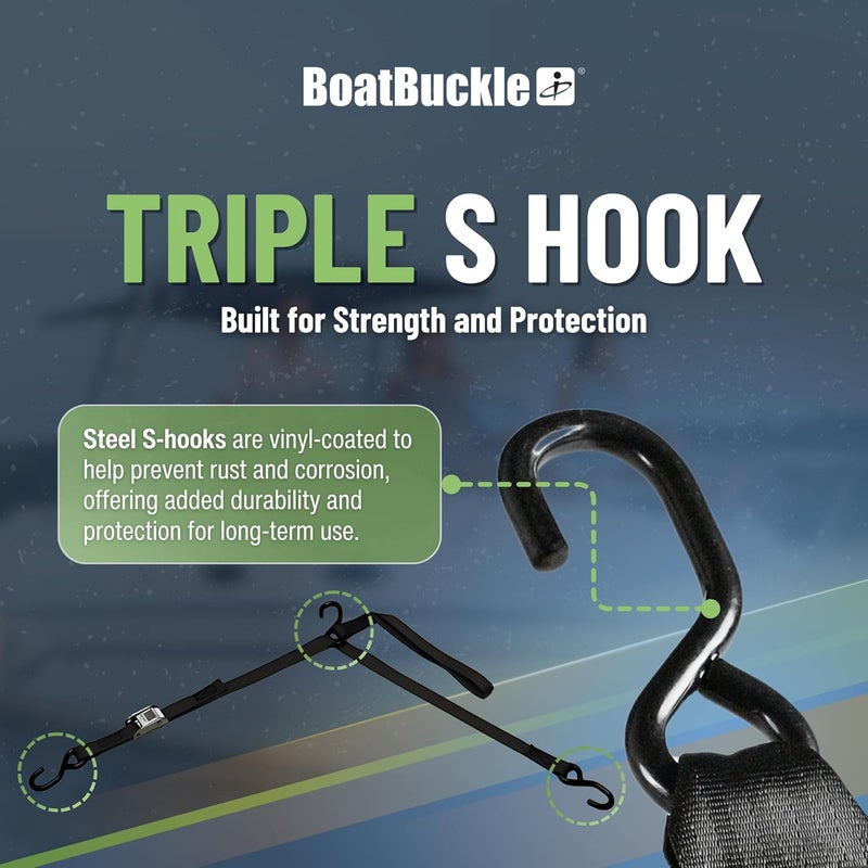 BoatBuckle P.W.C. CamBuckle Tri-Down Tie-Down Straps with Soft Hook, 1-Inch x 6-Feet - Image 4